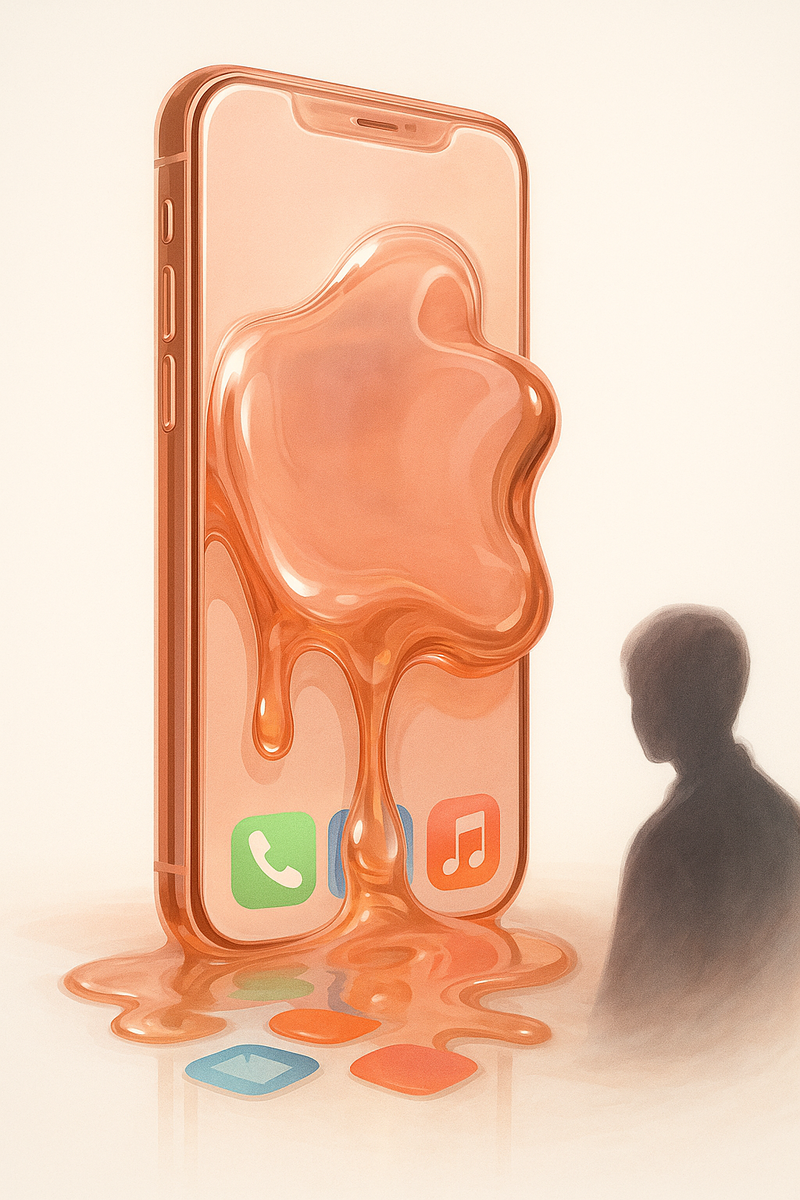 Розово-золотой смартфон из «жидкого стекла» тает, превращаясь в бесформенный блоб и поглощая яркие иконки, а силуэт пользователя наблюдает со стороны — визуальный символ утраты индивидуальности и доступности в новом дизайне.