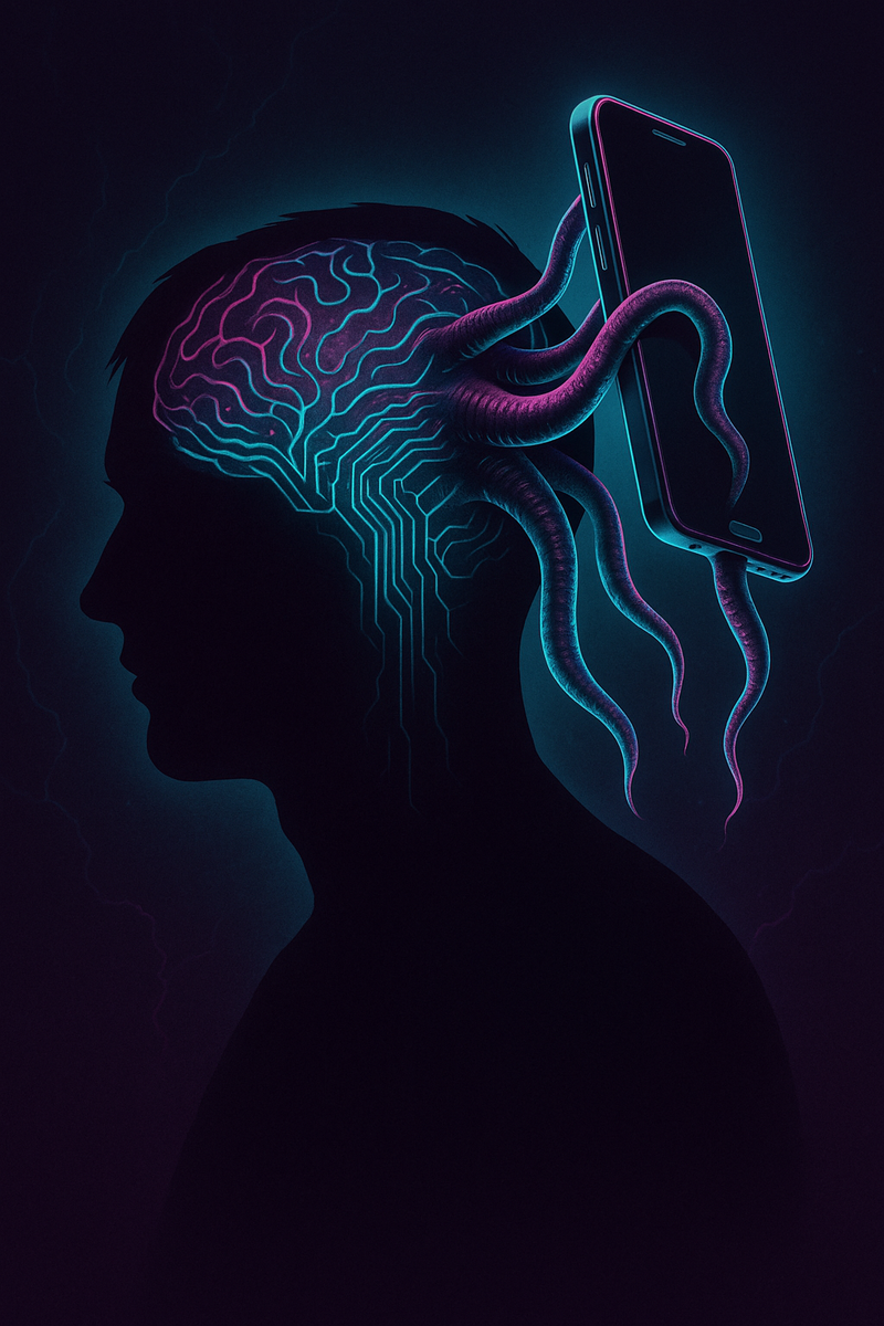 Смартфон-паразит прорастает щупальцами в неоновую сеть мозга, высасывая внимание и подчёркивая симбиотическую зависимость человека от устройства.
