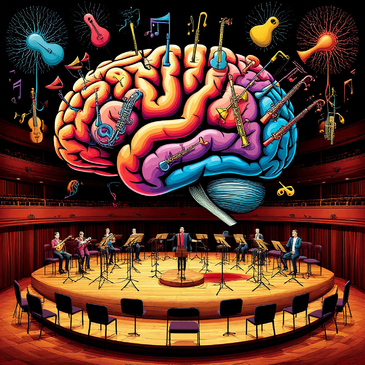 Абстрактная стилизация мозга как концертного зала или сцены. Вместо нейронов – разноцветные музыкальные инструменты.