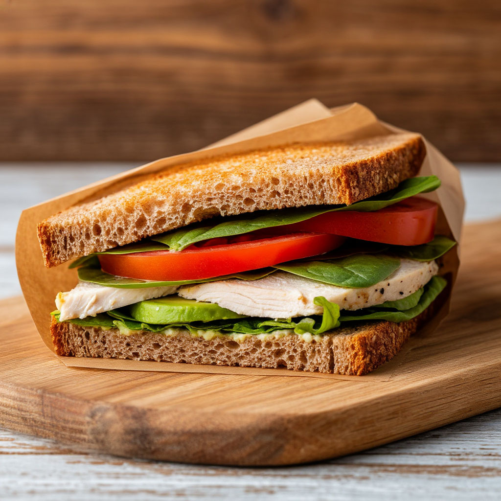 Современный вариант полезного сэндвича с белком, овощами и цельнозерновым хлебом