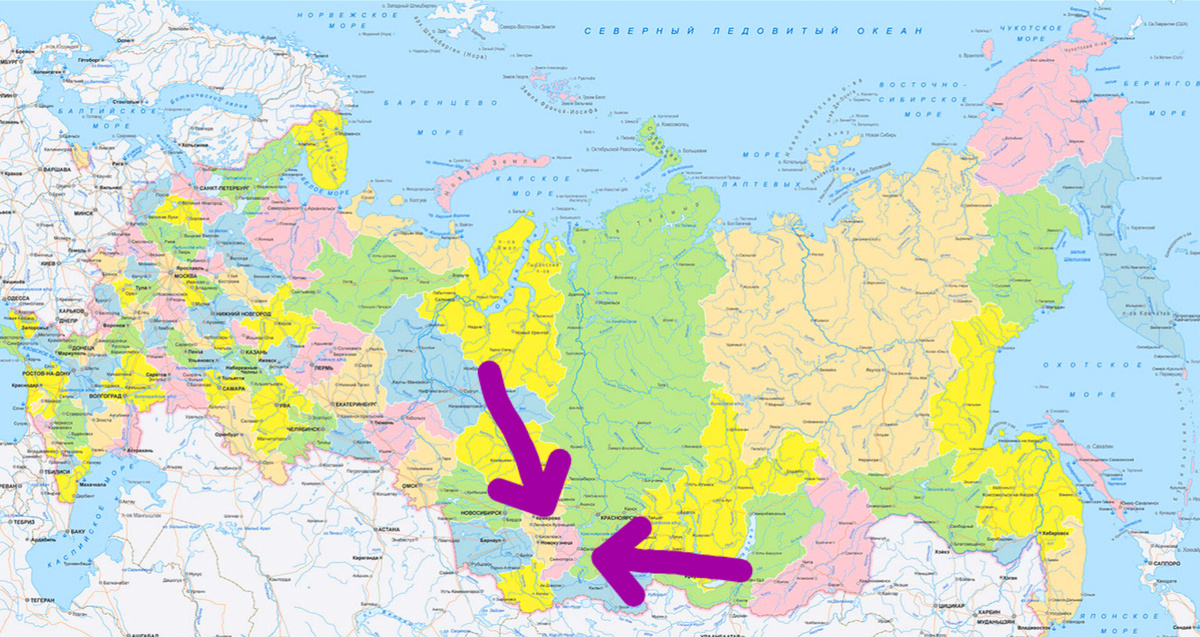 Стрелками обозначена Хакасия.