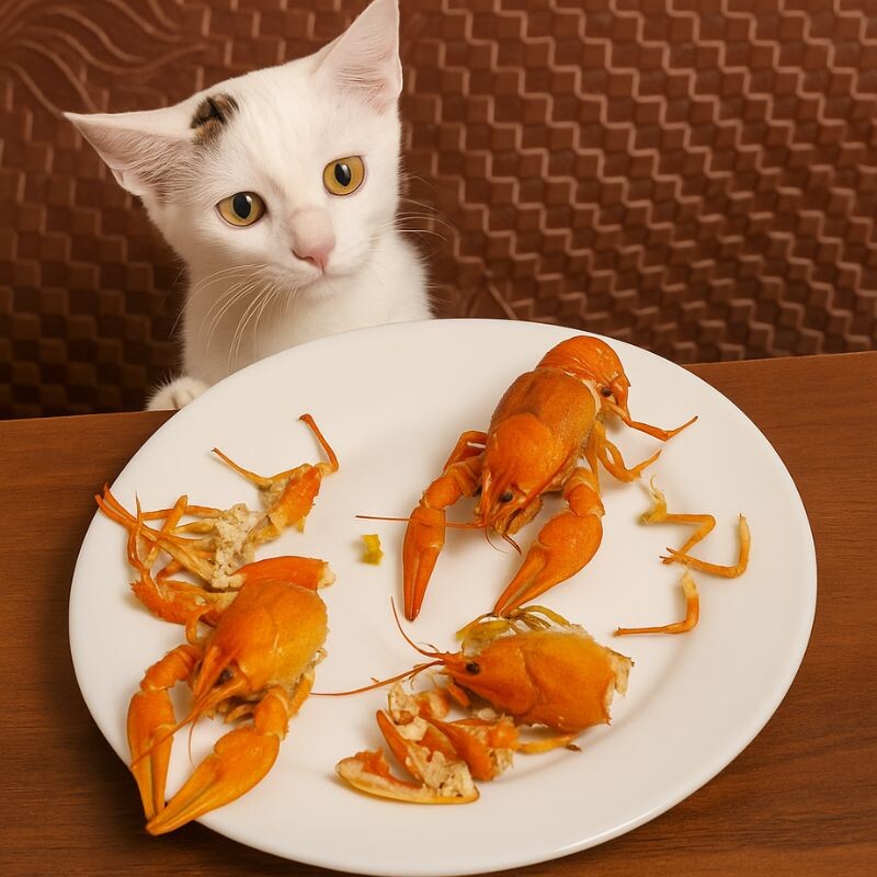 Кошка и тарелка с раками