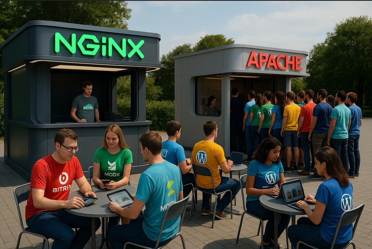 Apache не может обслужить быстро наплыв посетителей, а Nginx - запросто справляется с раздачей контента