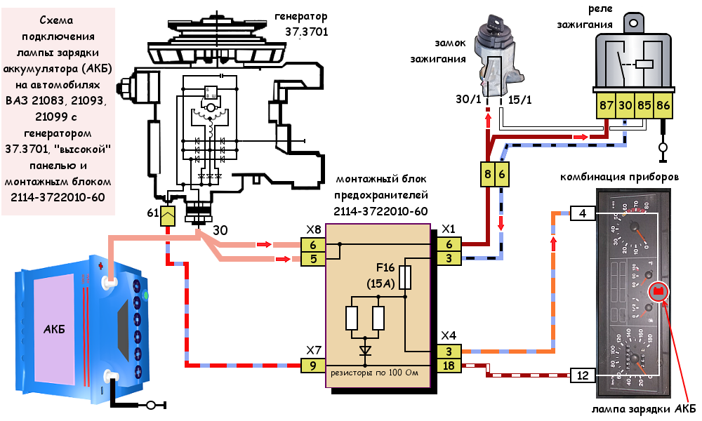 Схема подключения лампы зарядки АКБ