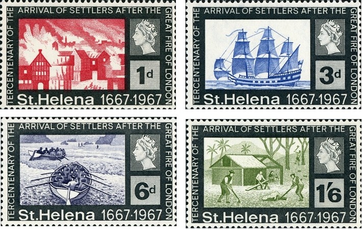 Переселение после лондонского пожара. (Почтовые марки. о-в Св.Елены, 1967г.)