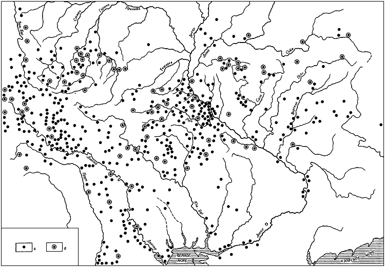 Находки римскиъх монет на территории Черняховской культуры: а - монеты, б - клады.