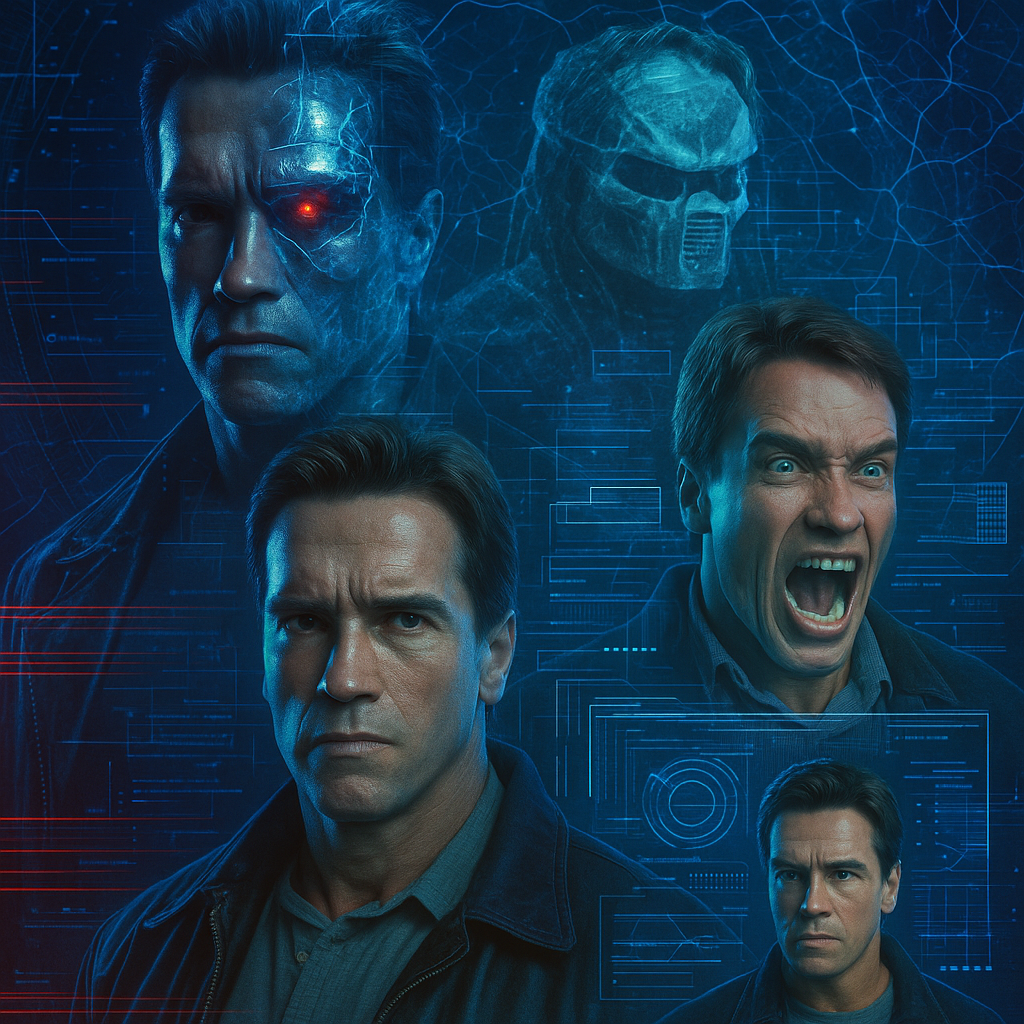 Сгенерировано chatgpt: Коллаж из культовых сцен Арни + цифровые элементы