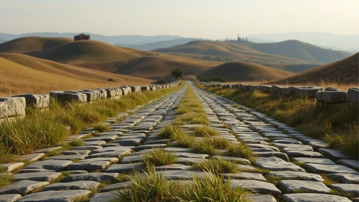 Древнеримская дорога, мощённая камнями, с видом на горизонт и окружающие холмы