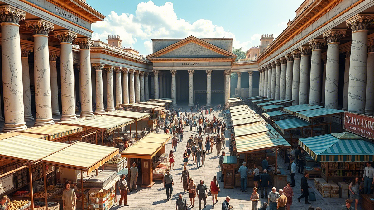 Реконструкция рынков Траяна в Древнем Риме. Множество лавок, торговцев и покупателей