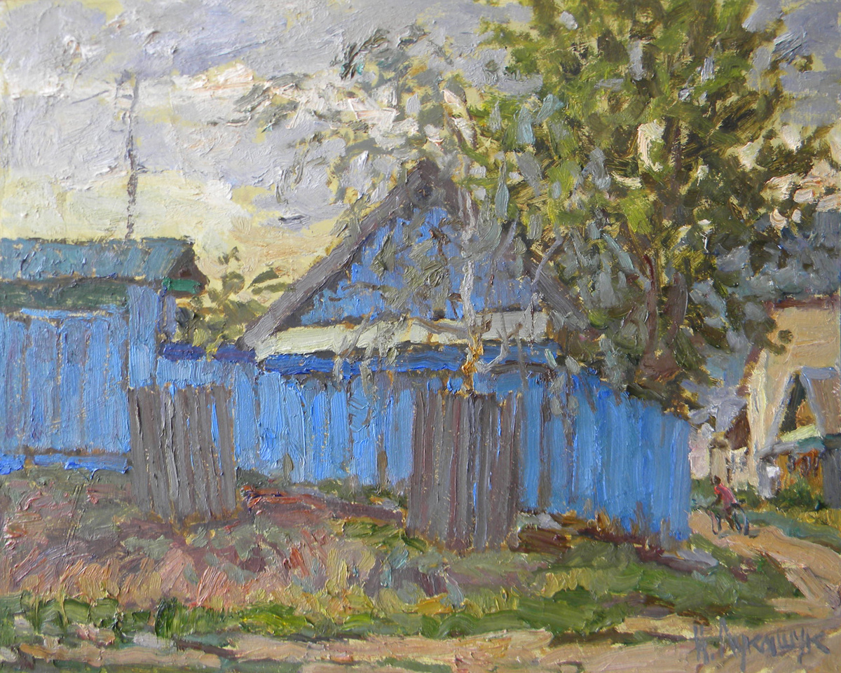 Николай Лукашук "Синий дом, дождливый день. Село Ширяево" 2019 картон, масло 40х50