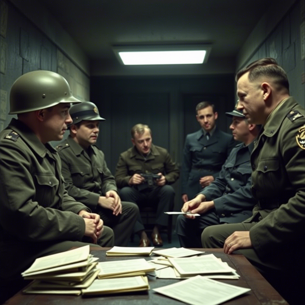 Американские военные беседуют с немецкими учёными в 1945 году. Создано нейросетью.