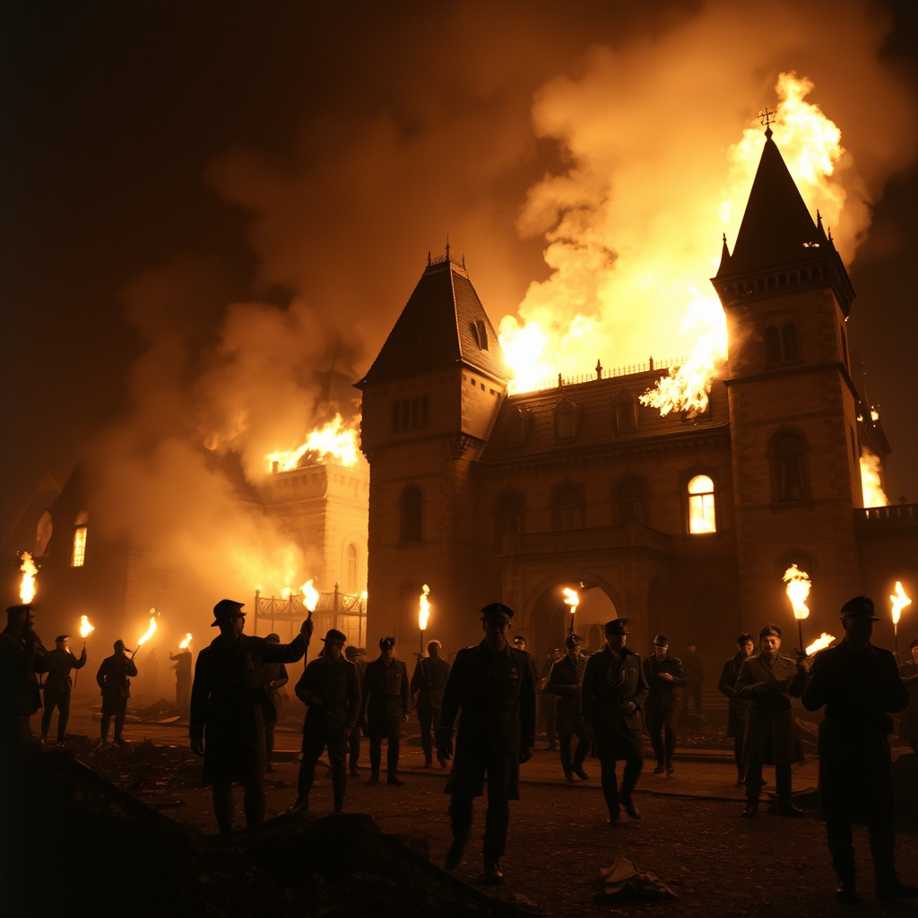 Нацистский замок Вевельсбург в огне, 1945 год. Создано нейросетью.