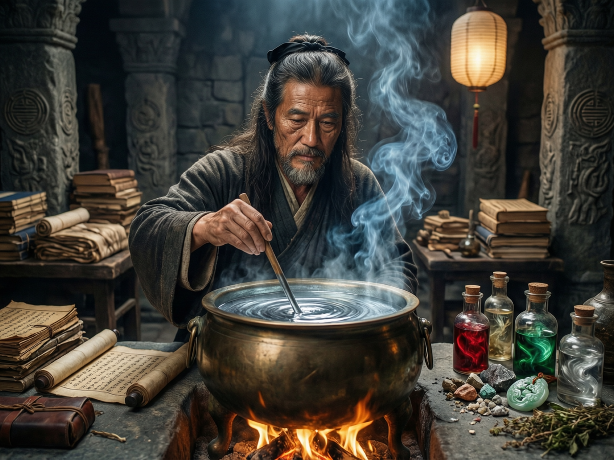 Древний китайский алхимик смешивает ртуть для эликсира бессмертия