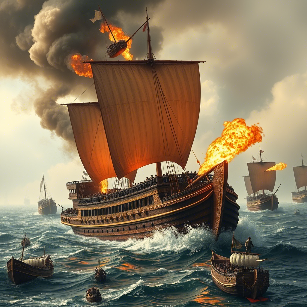  византийский корабль, стреляющий греческим огнём
