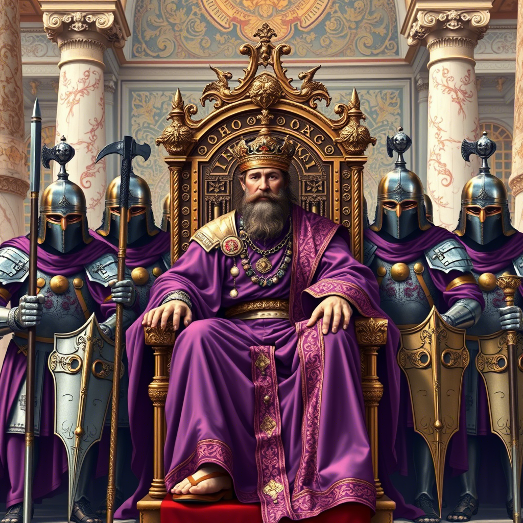 Византийский император на троне в пурпурных одеждах, окружённый варяжской гвардией