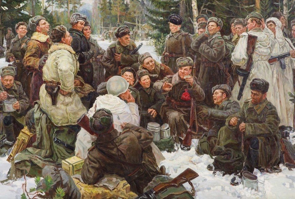    Картину Юрия Непринцева «Отдых после боя», где изображен Теркин в окружении Бойцов, по личному распоряжению Сталина повесили в Георгиевском зале Кремля. Фото: Государственная Третьяковская галерея.