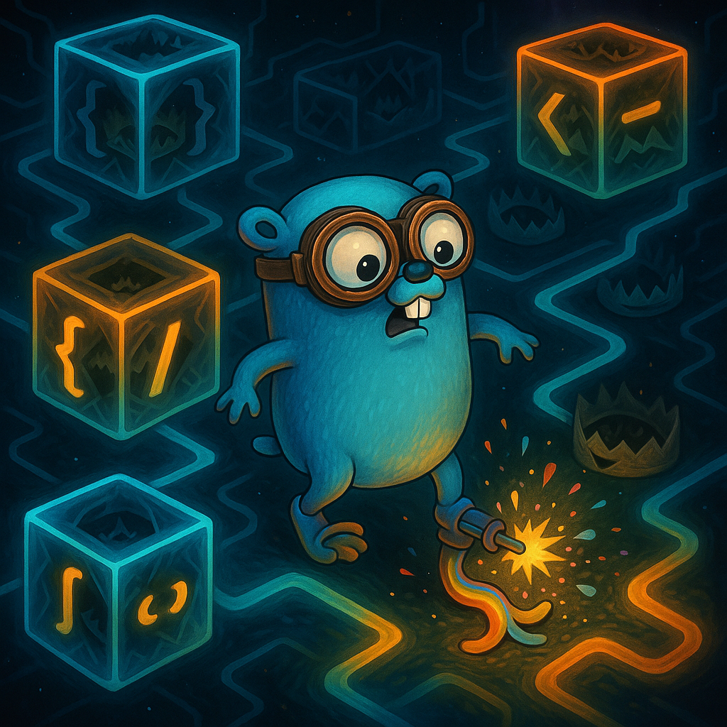 Голубой гофер в защитных очках прыгает по неоновому лабиринту данных, неожиданно активируя «футган», который выстреливает искрами и конфетти — визуальное предупреждение о скрытых ловушках в парсерах Go.