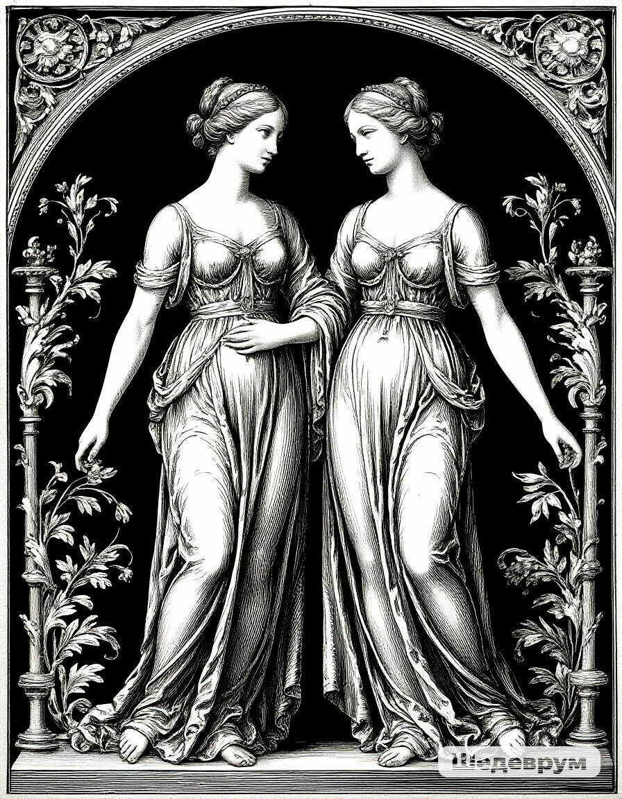 Зодиакальный знак Близнецы , гравюра. Фото канала Таро Портал. 