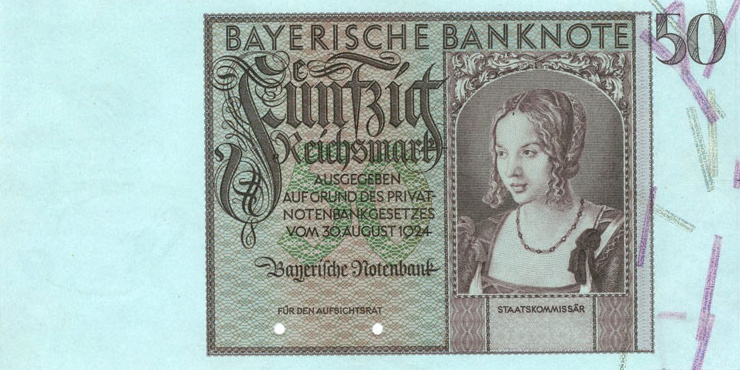 Лицевая сторона баварской банкноты: фрагмент с картины Альбрехта Дюрера "Молодая венецианка".