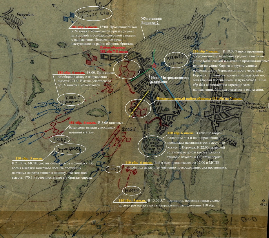 Схема боевых действий 110-й и 181-й тбр 5–7 июля 1942 года. Каждому отображённому на схеме эпизоду соответствуют цитаты из журналов боевых действий бригад. Зелёным цветом выделена улица Кольцовская, голубым — улица 20-летия Октября, жёлтым — улица Краснознаменная. Звёздочкой отмечено место боя вечером 7 июля попавшей в засаду колонны танков 110-й тбр
