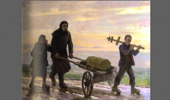 "Похороны сестрёнки Лены" 1994 год. Младшая сестра художника не смогла пережить войну. В семье был брат Алёша, но он умер до рождения Петра