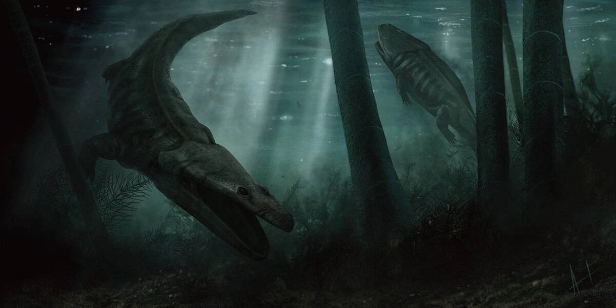 Охота метопозавров в мутной воде. Арт.