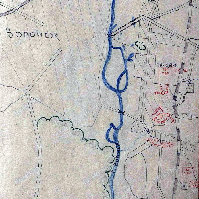 Карта из журнала боевых действий 180-й танковой бригады с отметками дислокации в районе Придачи