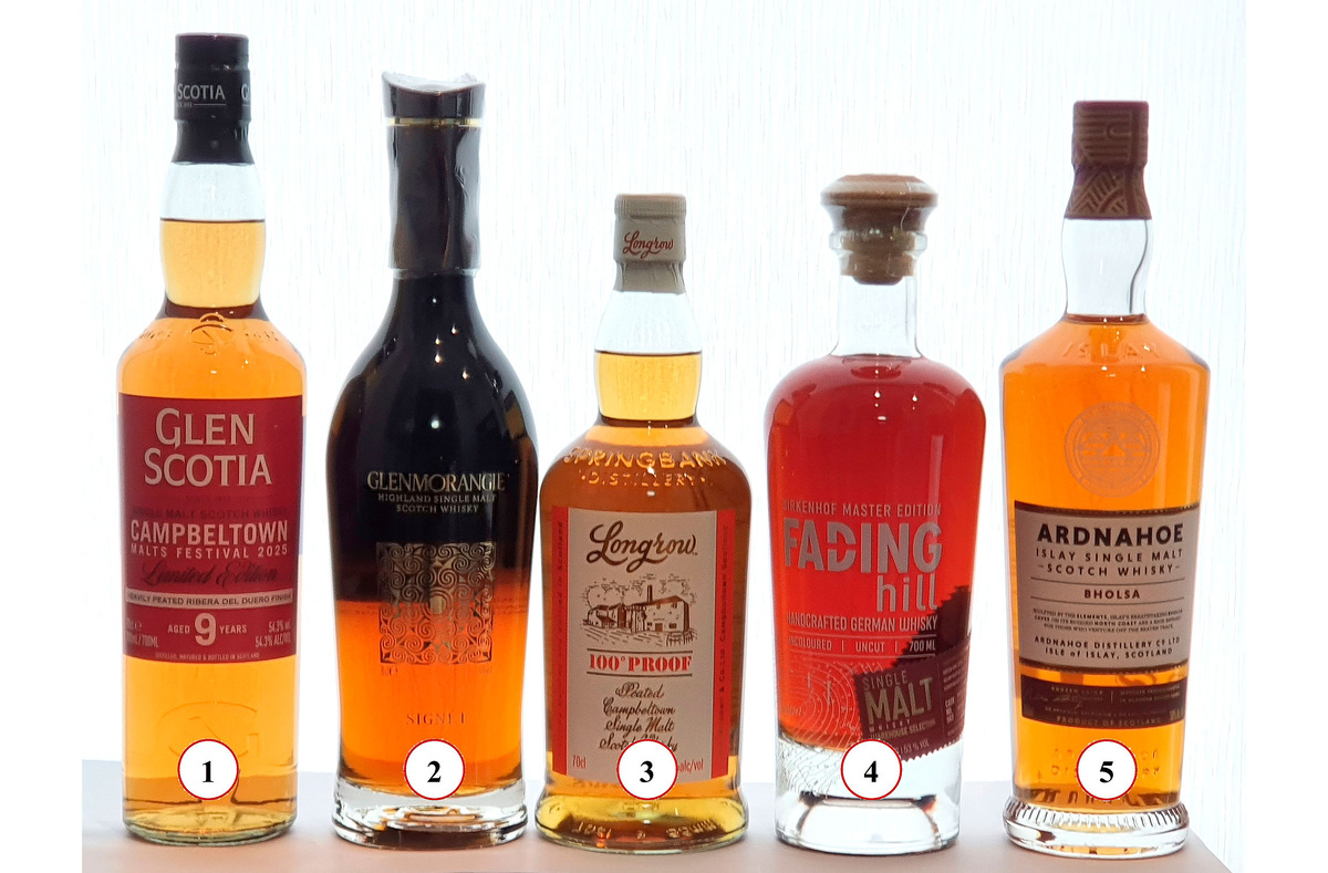 1 - Glen Sotia 9-YO Campbeltown Malts Festival 2025 Heavily Peated Ribera Del Duero Finish; 2 - Glenmorangie Signet; 3 -  Longrow 100 Proof; 4 - Fading Hill 2016; 5 - Ardnahoe Bholsa