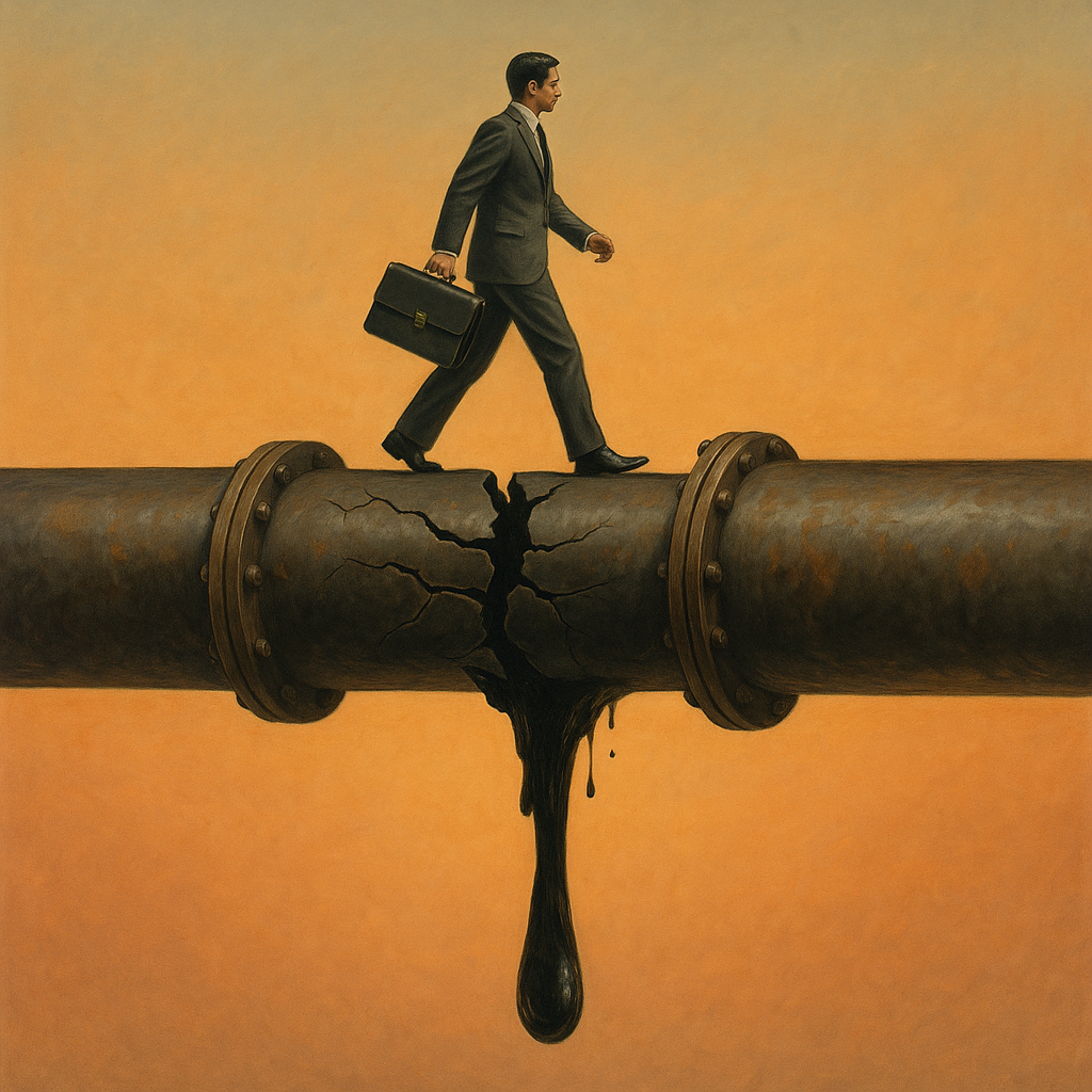 человек (символ инвестора или экономики) идёт по трубам, которые лопаются.