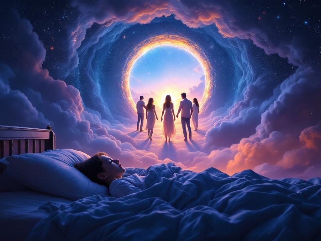    К чему такое снится: На картине изображен портал, из которого шагают люди. В центре - главный персонаж, окруженный этими пришельцами. Один из пришельцев касается его плеча, будто передав