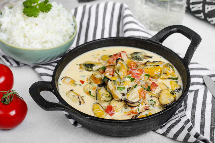 Мидии «Ужин в Венеции» в сливочном соусе с томатами