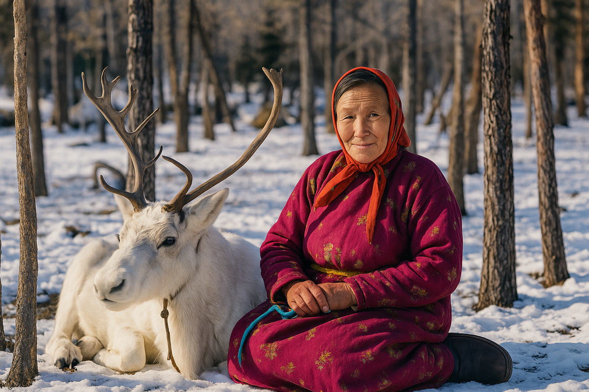 Сила традиции передаётся по материнской линии: хозяйка и её белый олень в снежном лесу.
