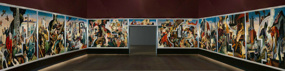 Томас Харт Бентон "Америки сегодня", 1930–31. яичная темпера с масляной глазурью поверх пермальбы на левкасе на льне, прикрепленном к деревянным панелям с сотовой внутренней частью; Музей  Метрополитен, Нью-Йорк, официальный сайт - www.metmuseum.org 