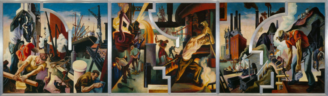Томас Харт Бентон "Америки сегодня", 1930–31. яичная темпера с масляной глазурью поверх пермальбы на левкасе на льне, прикрепленном к деревянным панелям с сотовой внутренней частью; Музей  Метрополитен, Нью-Йорк, официальный сайт - www.metmuseum.org 