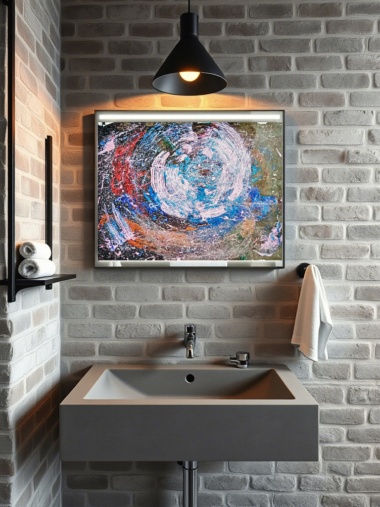 Картина «Вихрь» над бетонной раковиной в ванной комнате лофта — энергетический контраст с минимализмом