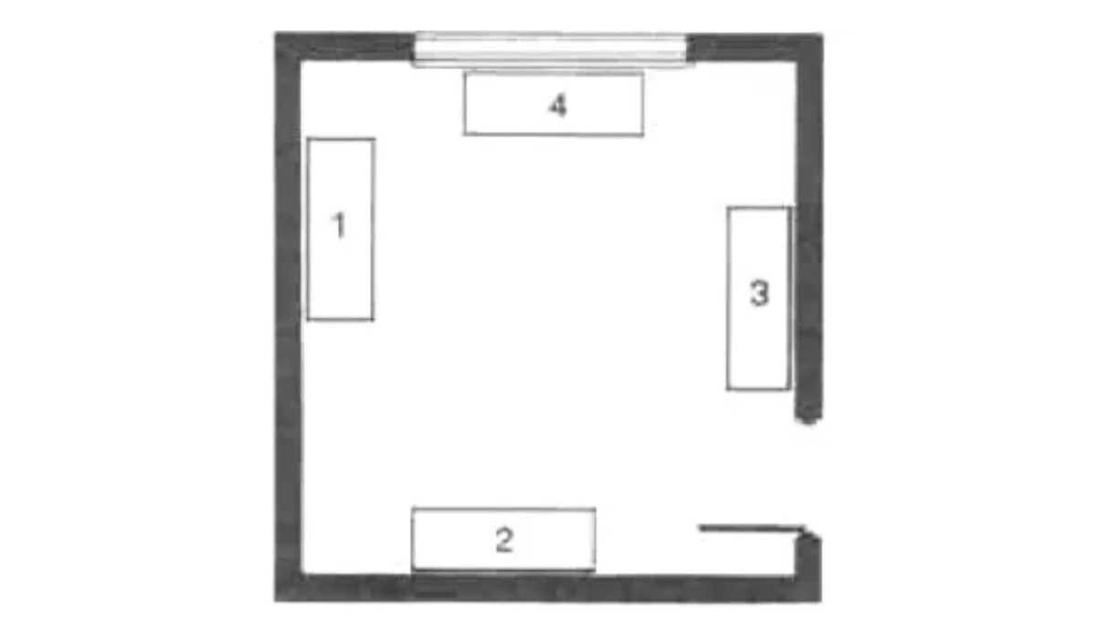 Схема расположения аквариума в комнате: 1. 2, 3 — правильно; 4 — неправильно.