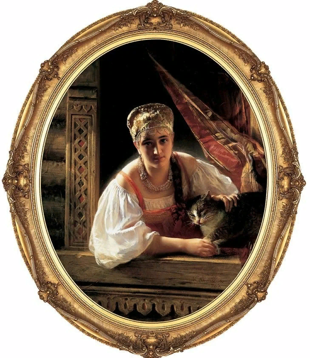Константин Маковский (1839-1915). Русская красавица и кот (1865).