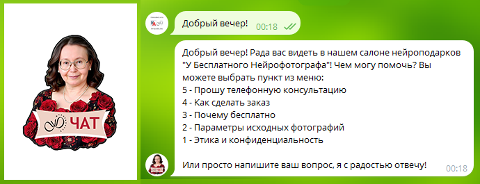 Скриншоты аватара и меню ИИ-ассистента "Элли" в ТГ-чате автора, 2025