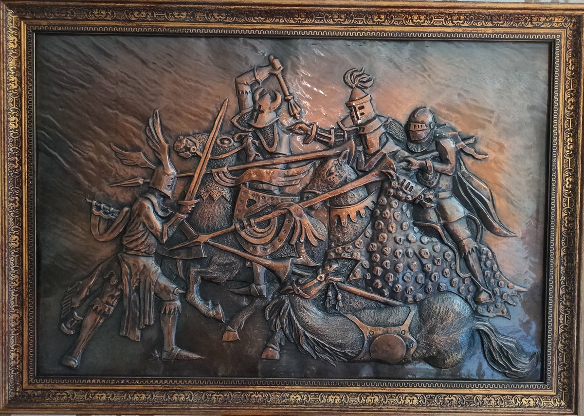 Чеканка.Панно."Рыцарский бой".  Медь. 67 х 47. Иркутск 2025г.