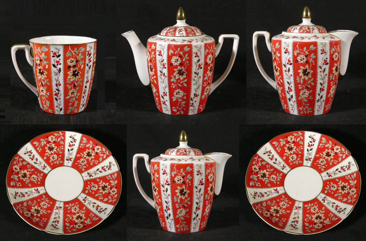 Предметы сервиза с прибл. названием "Красная грань". 1954. Государственное автономное учреждение культуры Ярославской области "Рыбинский государственный историко-архитектурный и художественный музей-заповедник".