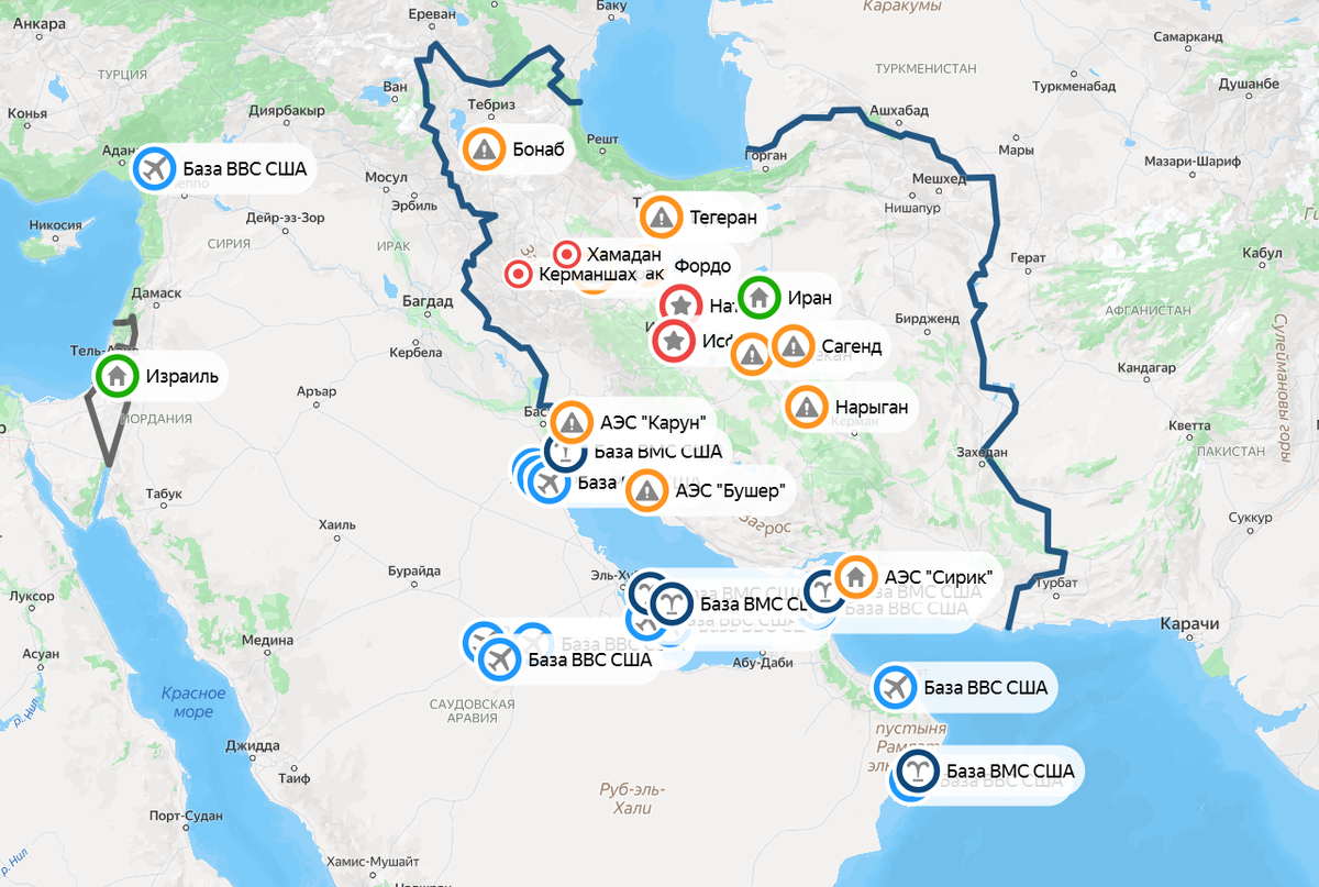 Карта ночных ударов Израиля и Ирана. Скриншот Яндекс Карты