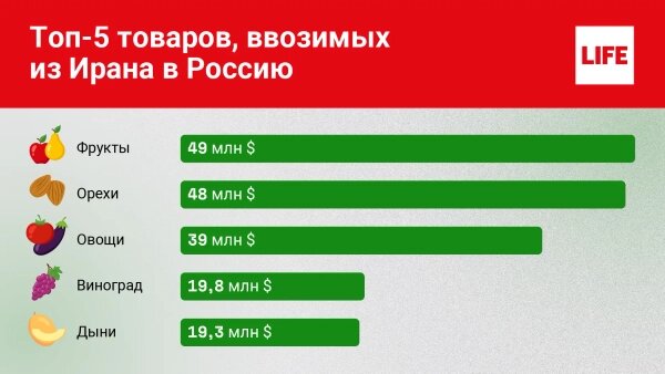 Топ-5 товаров, ввозимых из Ирана в Россию. Инфографика © Life.ru