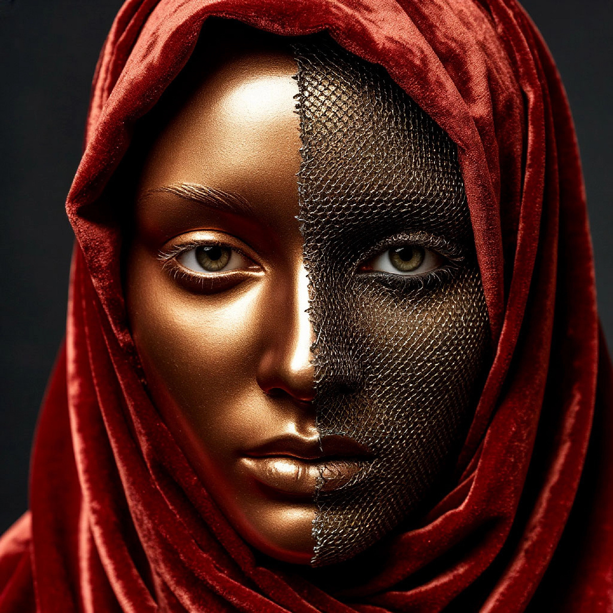 Стилизованная съемка: Лицо скрыто, металлическая сетка - как образ «тени»