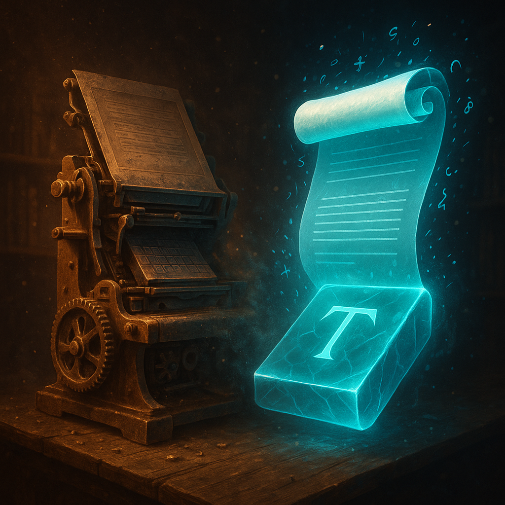 Ржавый типографский станок рассыпается на искры, превращаясь в сияющий кибер-свиток, который парит над кристаллической «табличкой» — визуальная метафора перехода от традиционного LaTeX к современному Typst.