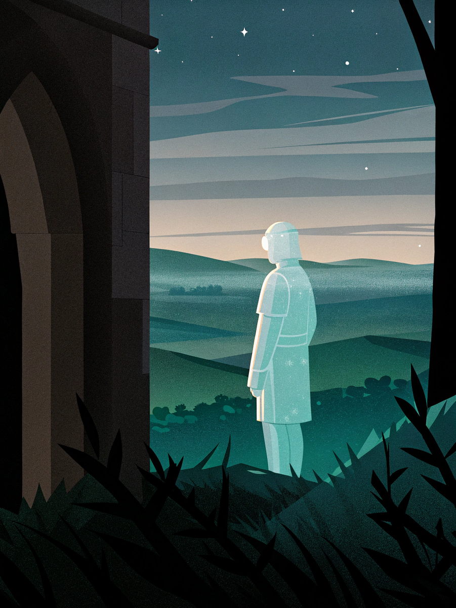 Тень прошлого — забытый рыцарь стоит на краю руин 