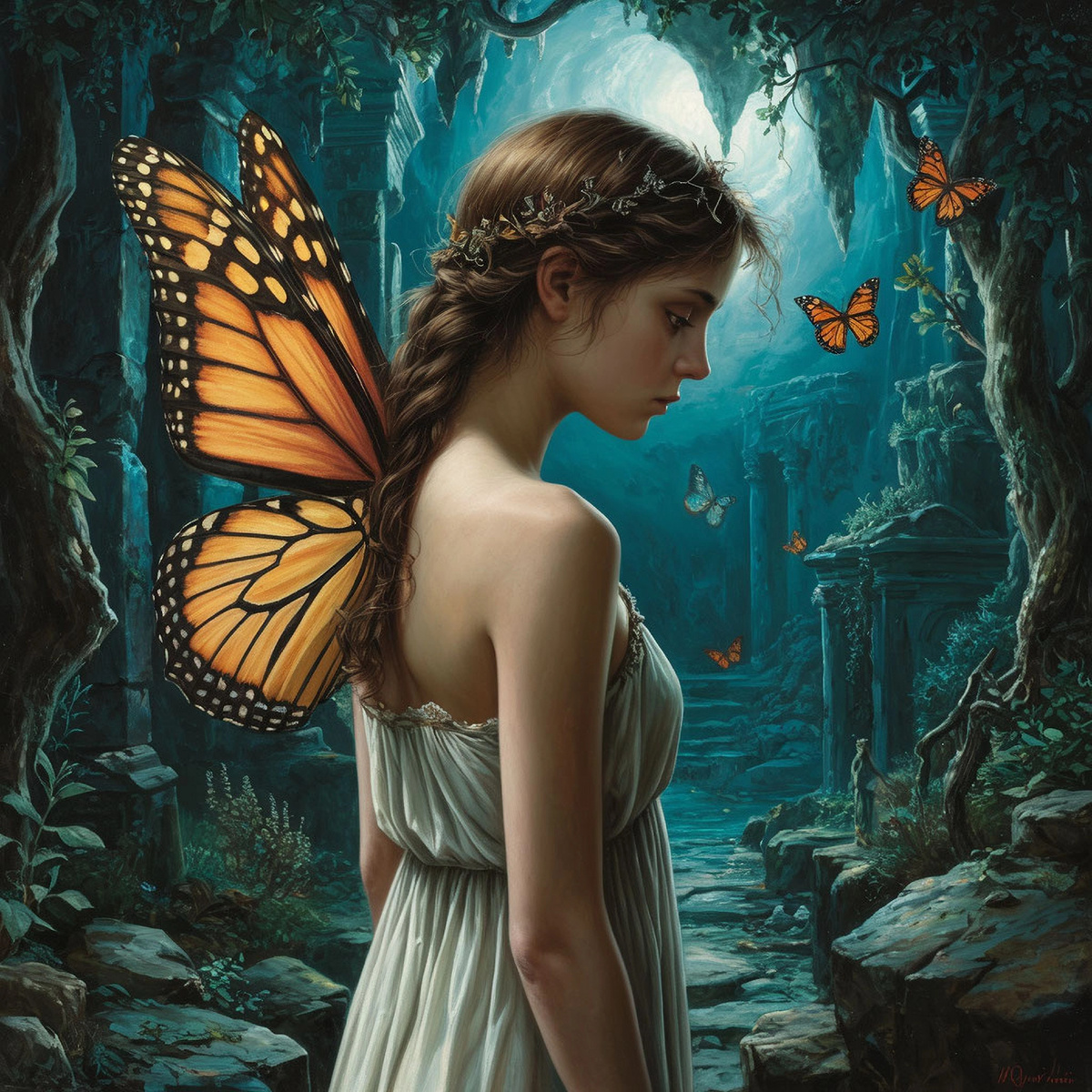 Психея, по приказу богини Афродиты, отправляется в подземный мир Аида.