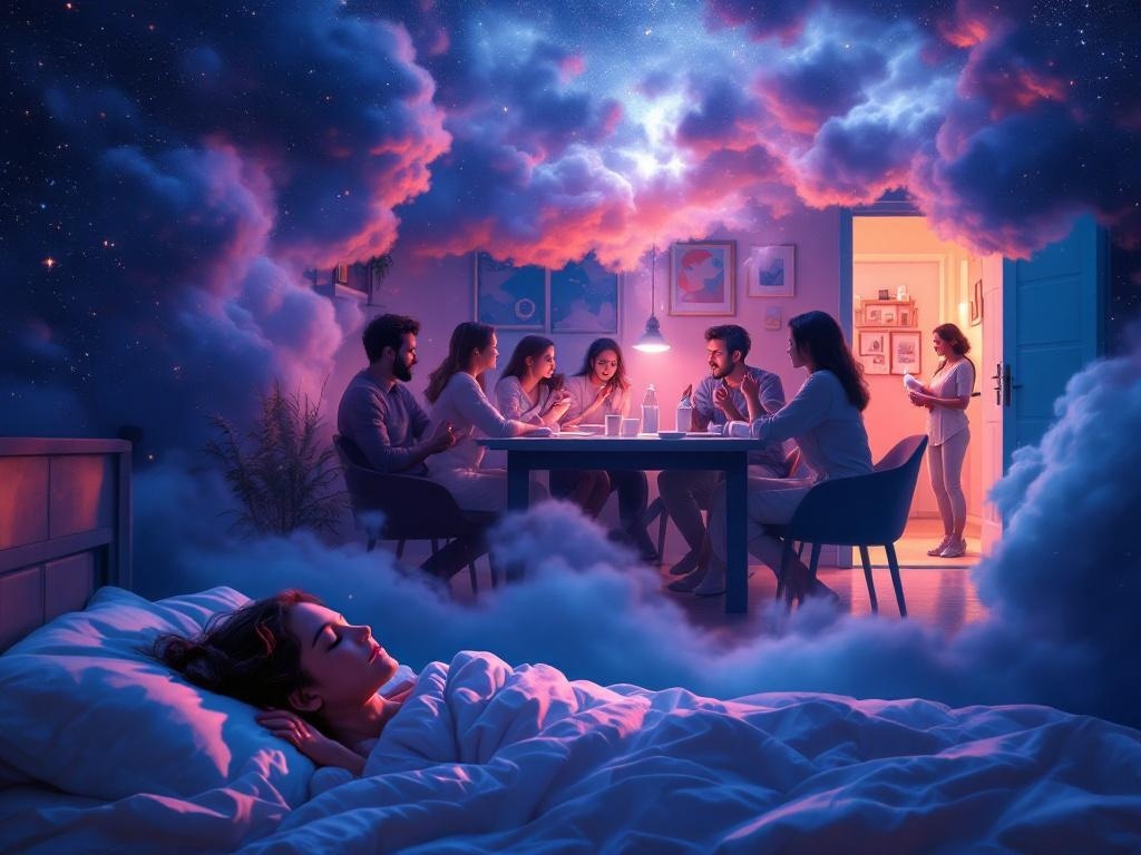    К чему такое снится: На картине изображены люди, сидящие вокруг стола в светлом помещении, которые активно разговаривают и жестикулируют, обсуждая что-то важное. От этой группы ведёт две