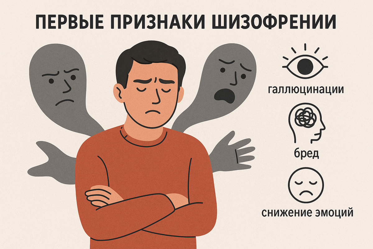 голоса, галлюцинации, снижение эмоциональной составляющей, бредовые идеи