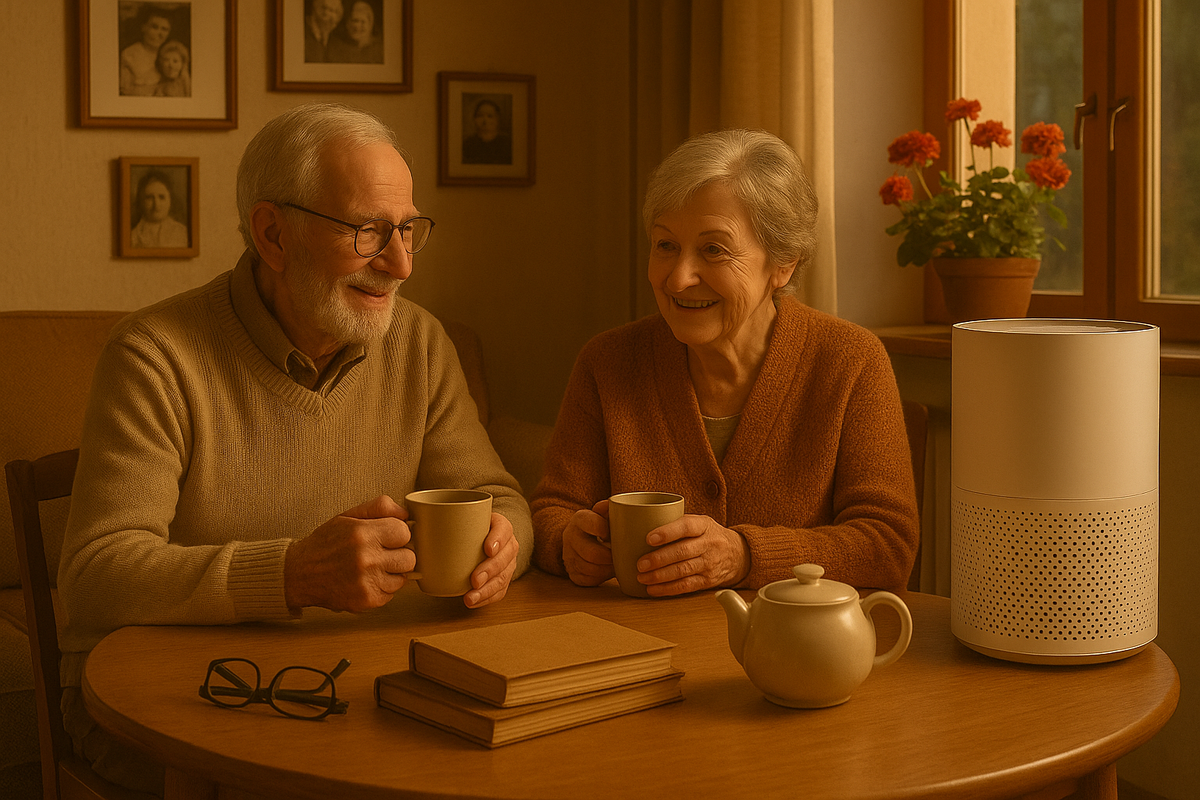 Пожилая пара сидит за столом в уютной гостиной, на столе — чай, книги и очки, на окнах — цветы, рядом стоит современный очиститель воздуха,