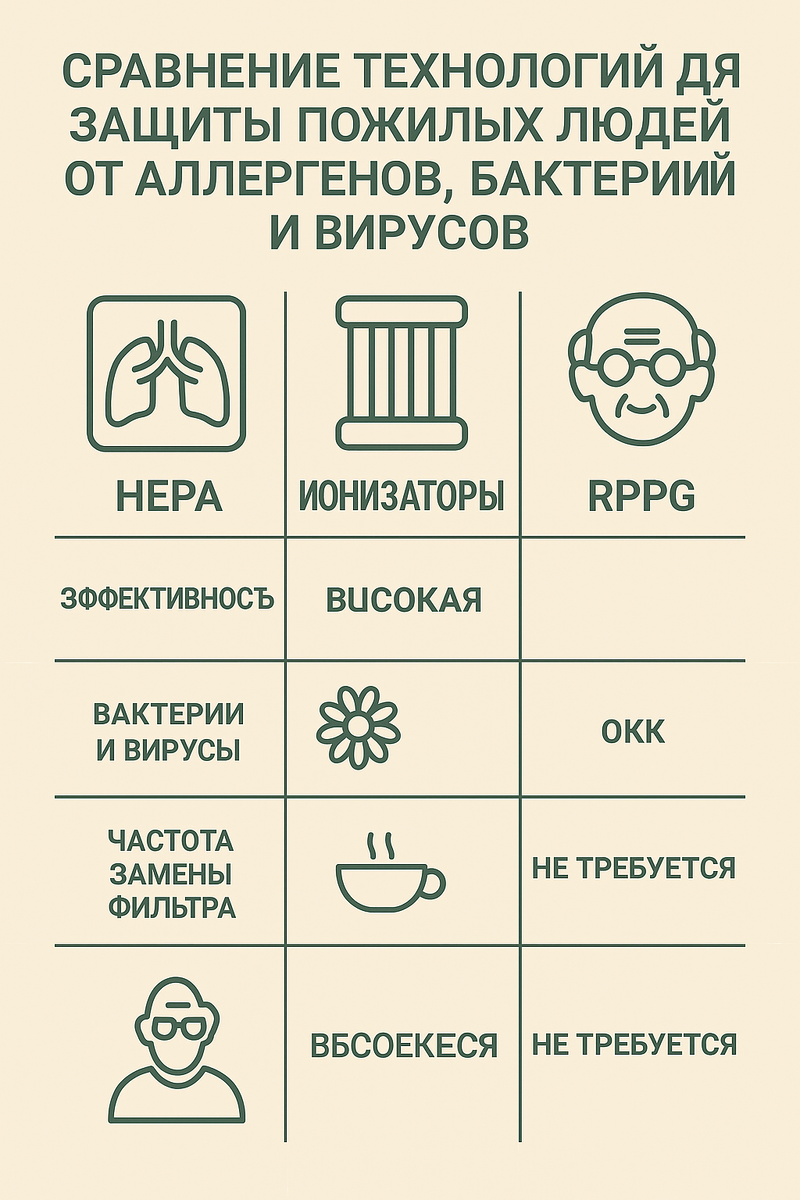 сравнительная таблица эффективности HEPA, ионизаторов и PPG для защиты пожилых людей от аллергенов, бактерий и вирусов.